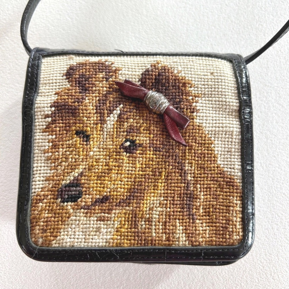 Wms Vintage Brighton Needlepoint Collie Dog Crossbody Wallet Bag Black‎ Leather